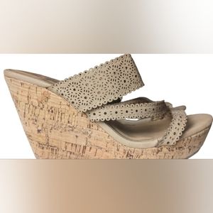 EUC Heart in D multi laser cut strap wedge heel tan faux leather scalloped edges